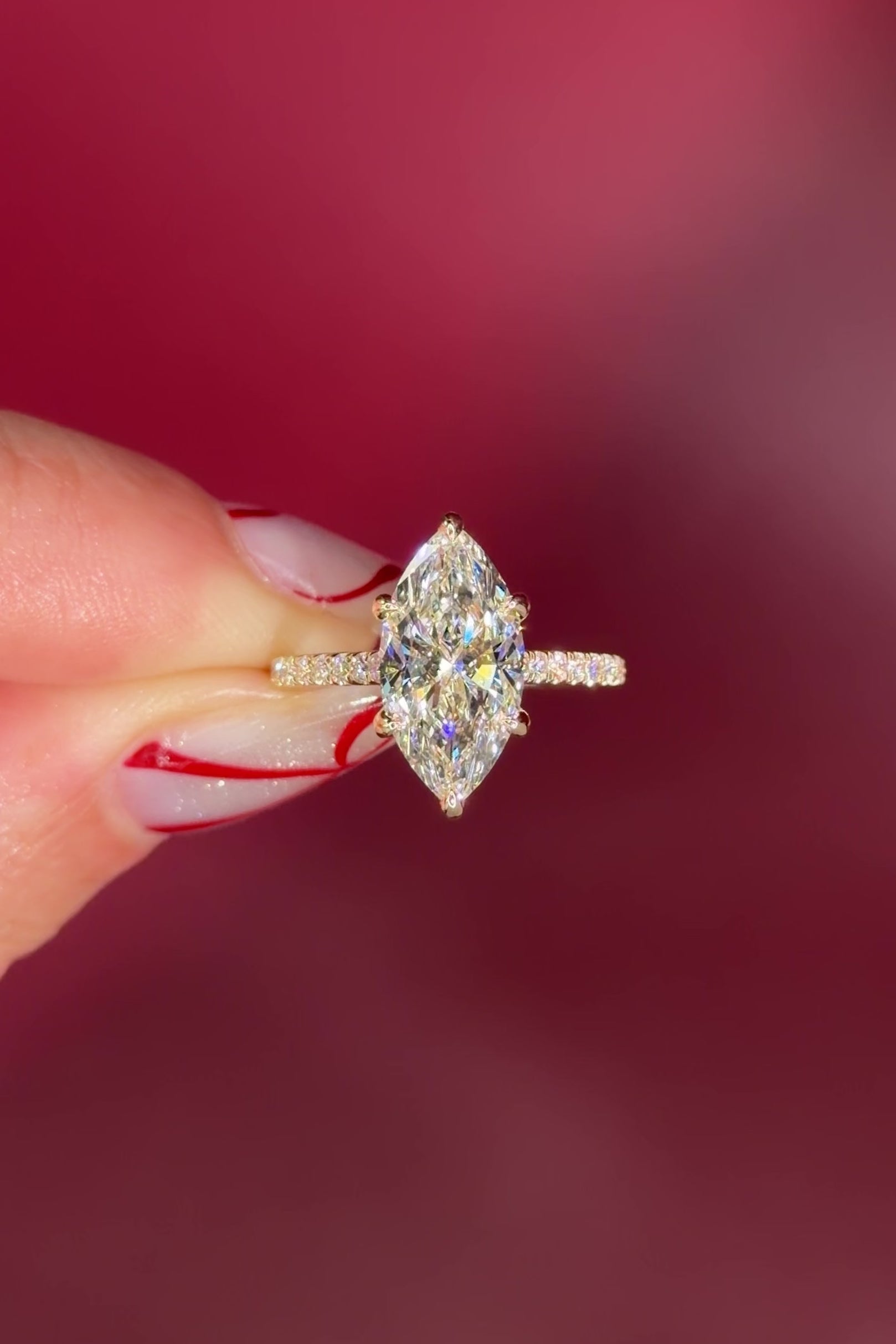 Marquise Solitaire Engagement Ring with Pave Diamond Band in Yellow Gold Cathedral Style with hidden halo