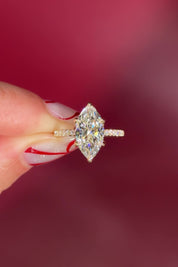 Marquise Solitaire Engagement Ring with Pave Diamond Band in Yellow Gold Cathedral Style with hidden halo