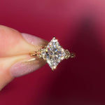 2.09ct D-VVS2 Marquise Lab Diamond Arwen. Nature inspired engagement ring with organic leaves made of gold going up the band to hold the center stone with petal prongs.