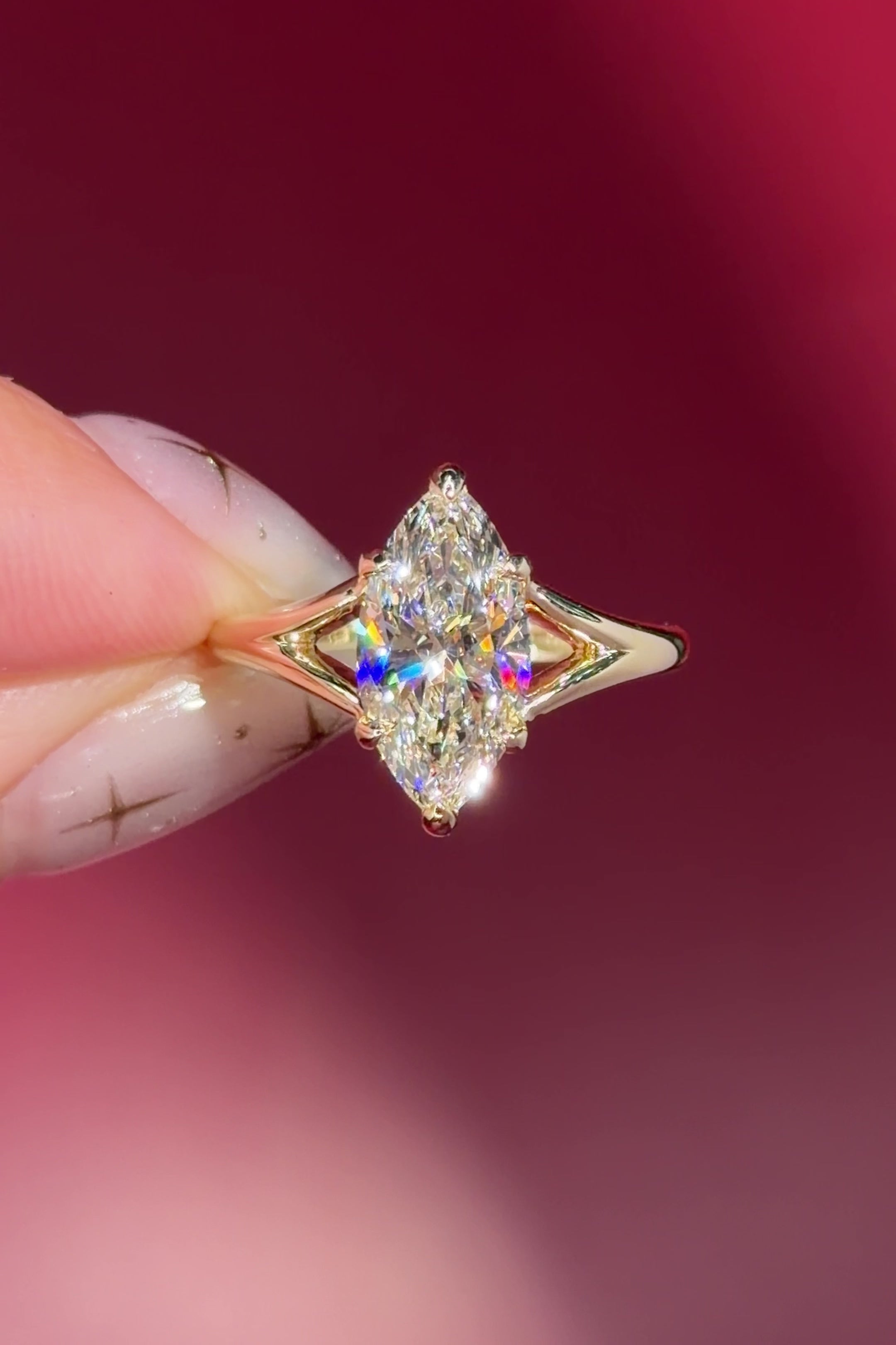 yellow gold marquise lab diamond solitaire split shank engagement ring