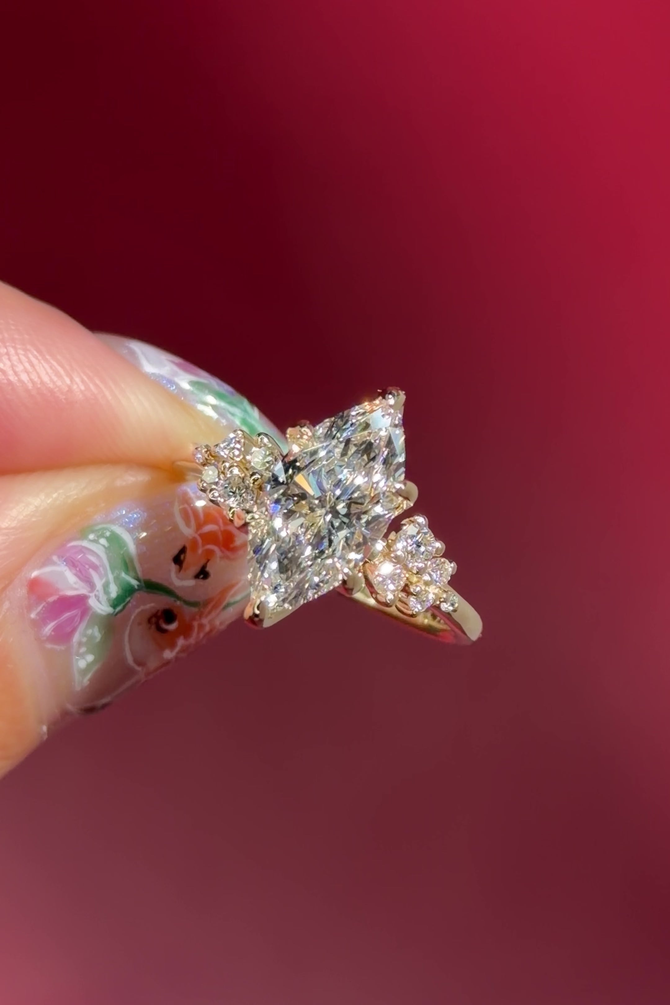 marquise lab diamond cluster side stone nature inspired engagement ring yellow gold setting