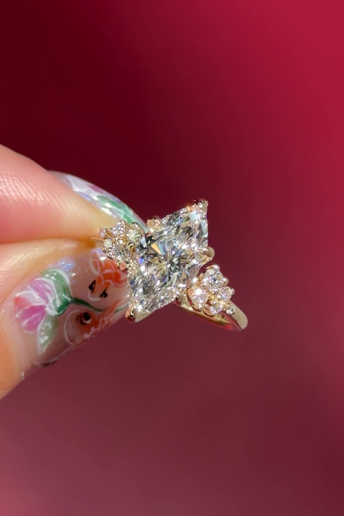 marquise lab diamond cluster side stone nature inspired engagement ring yellow gold setting