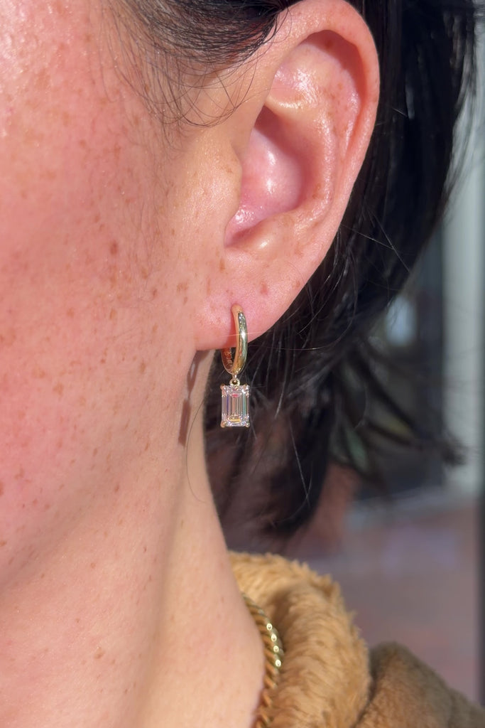 2.2ct Emerald Drop High Polish Hoops Yellow Gold Princess Bride Diamonds Huntington Beach Jewelry Store