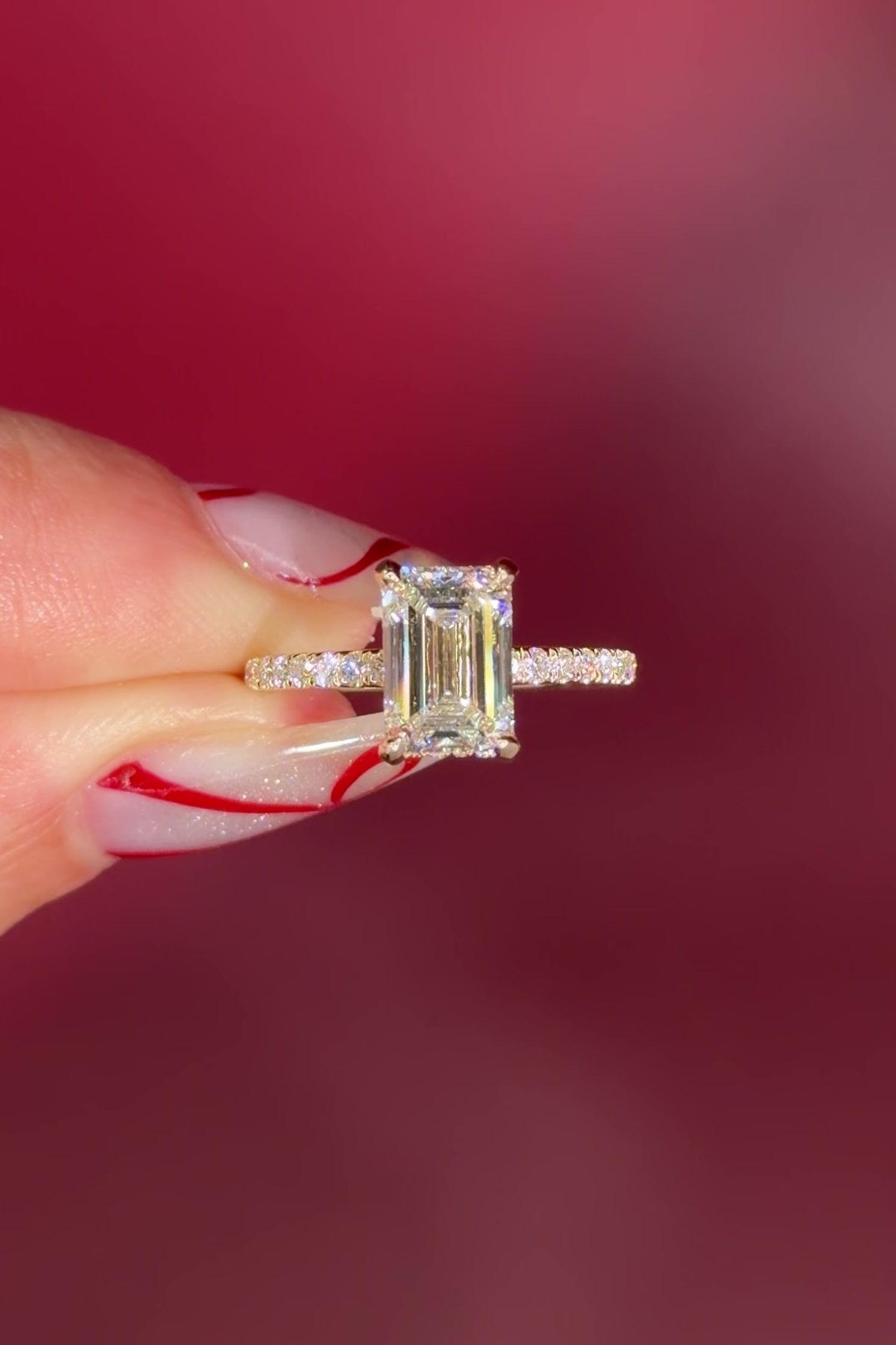 Emerald Cut Lab Diamond Solitaire in Yellow Gold with Pave diamond band and hidden halo