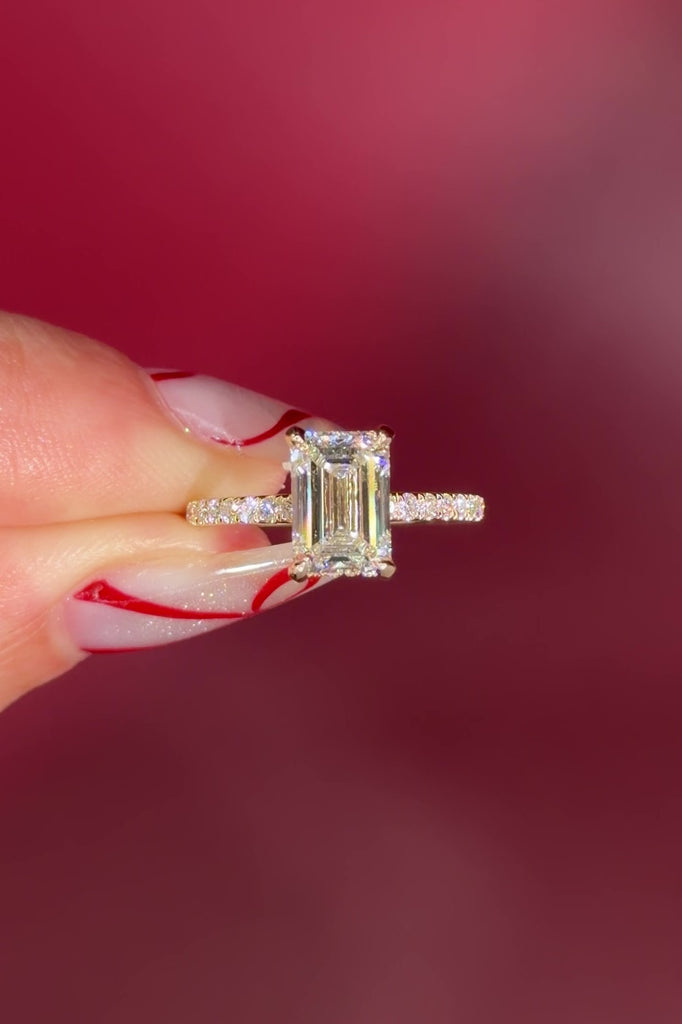 Emerald Cut Lab Diamond Solitaire in Yellow Gold with Pave diamond band and hidden halo