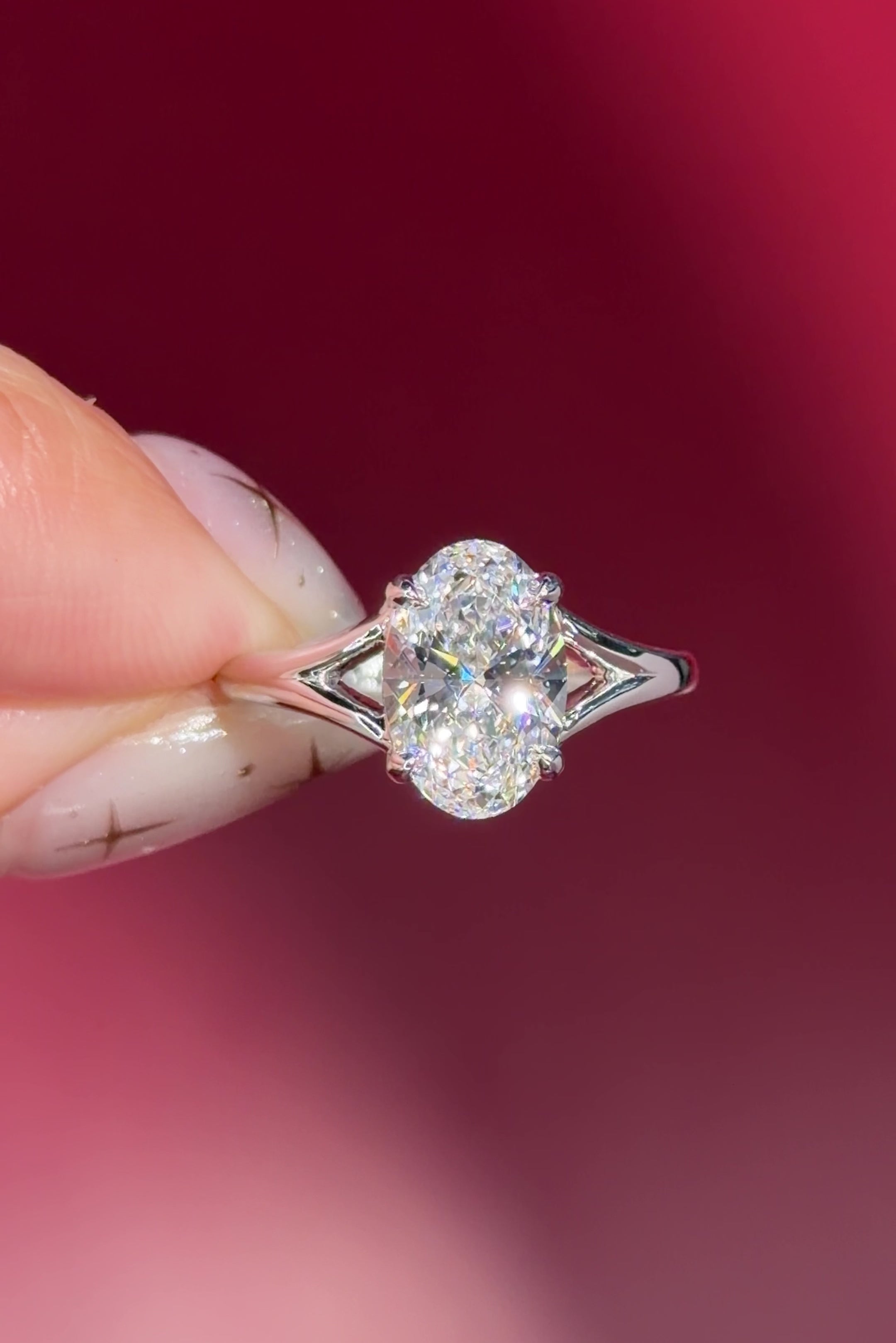 oval lab diamond white gold solitaire split shank engagement ring