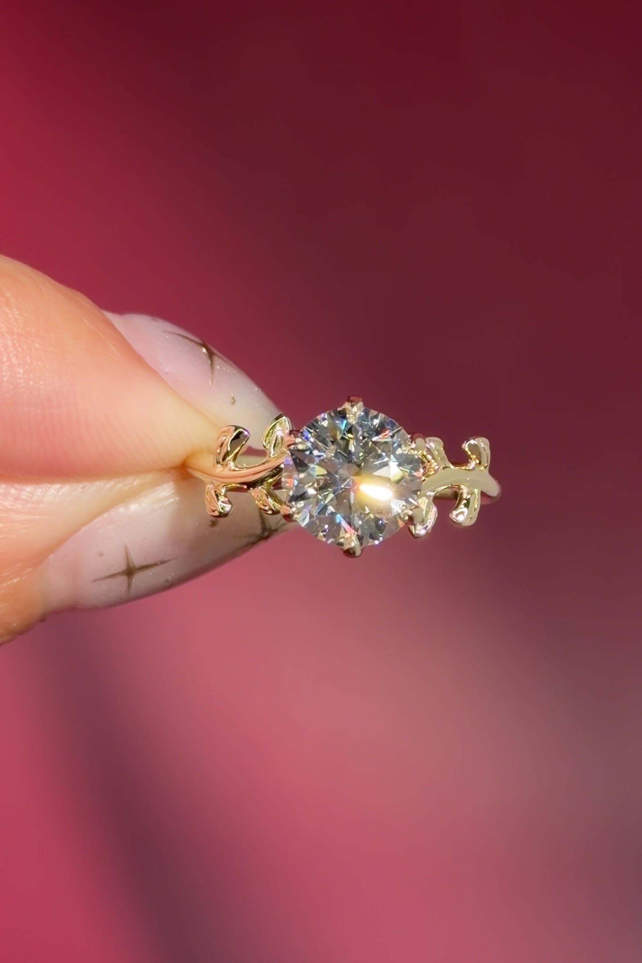 round lab diamond yellow gold engagement ring seaweed leaf nature inspired