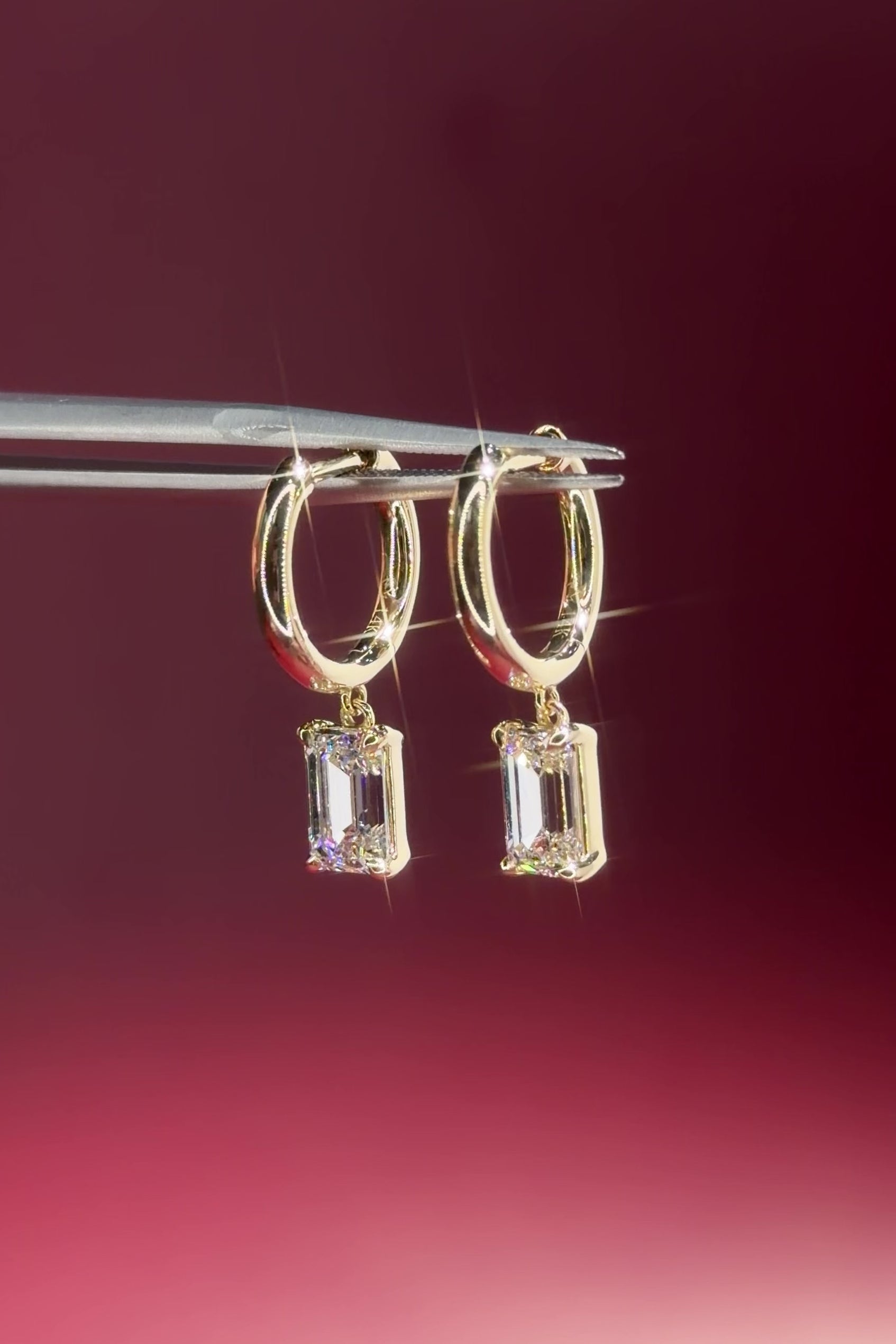 2.2ct Emerald Drop High Polish Hoops Yellow Gold Princess Bride Diamonds Huntington Beach Jewelry Store