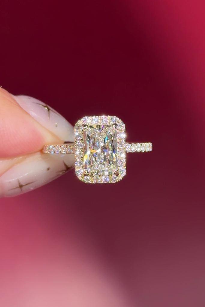 radiant lab diamond halo engagement ring pave yellow gold with diamond bridge and open gallery