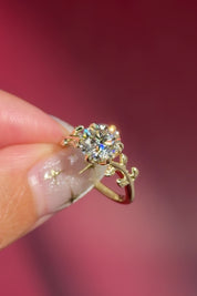 round lab diamond yellow gold engagement ring seaweed leaf nature inspired