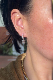 Emerald Diamond Drop Hoops White Gold with pave hoops dangle earrings with seamless click closure at princess bride diamonds in huntington beach california on model