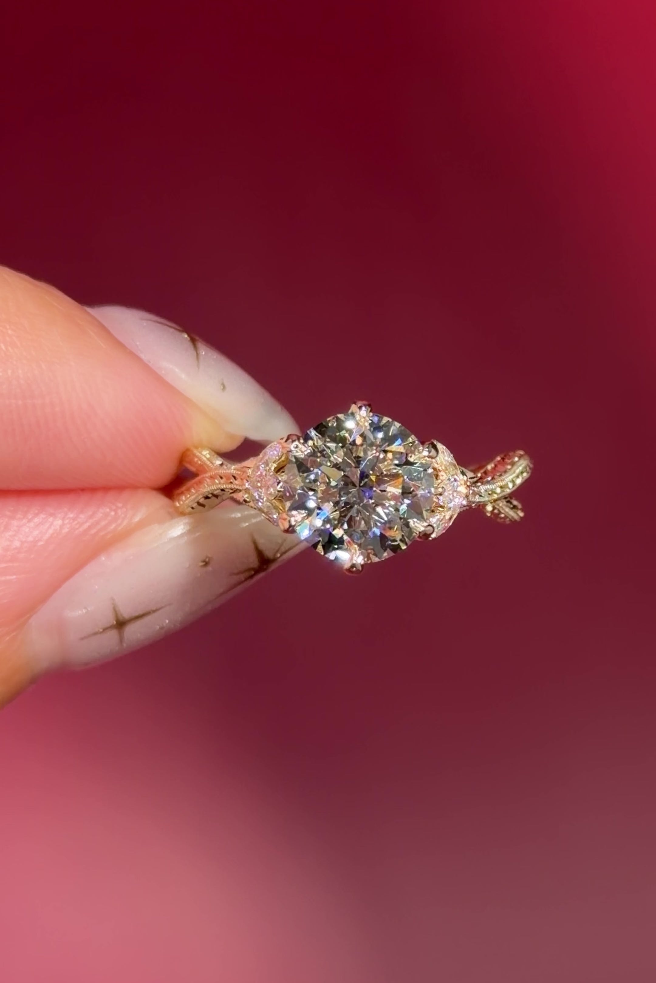 round lab diamond engagement ring leafy side marquise diamonds twist band engraved yellow gold