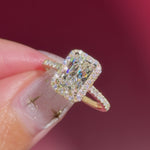 radiant lab diamond halo engagement ring pave yellow gold with diamond bridge and open gallery