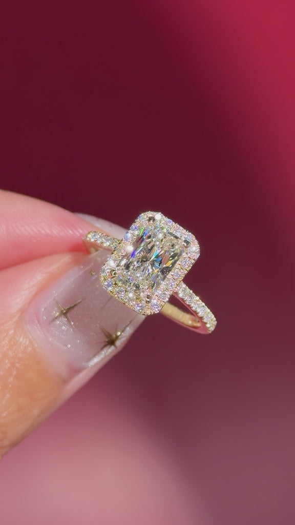 radiant lab diamond halo engagement ring pave yellow gold with diamond bridge and open gallery