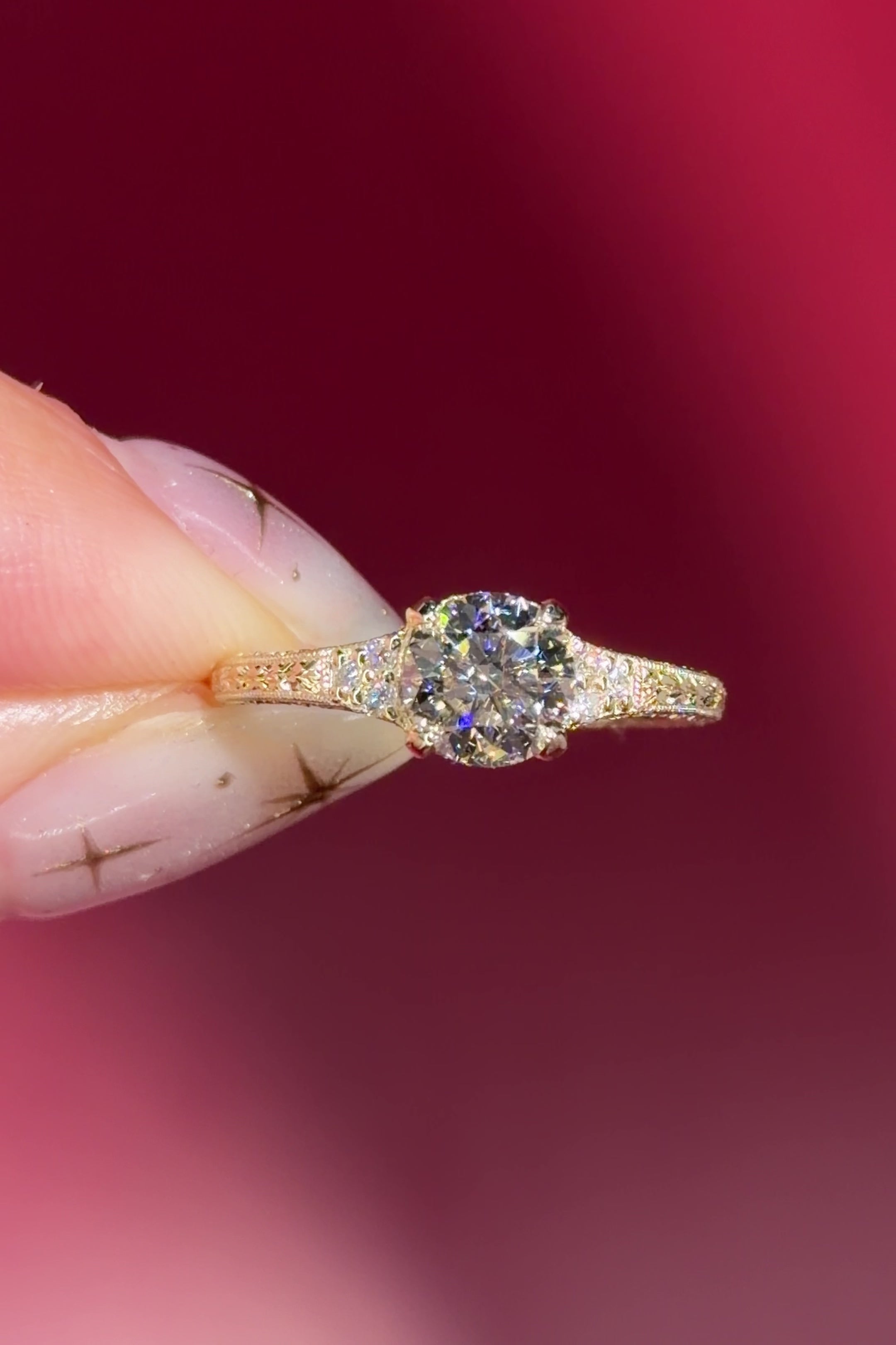 yellow gold round lab diamond vintage hand engraved engagement ring