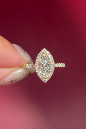 marquise lab diamond halo engagement ring with diamond petal prong basket