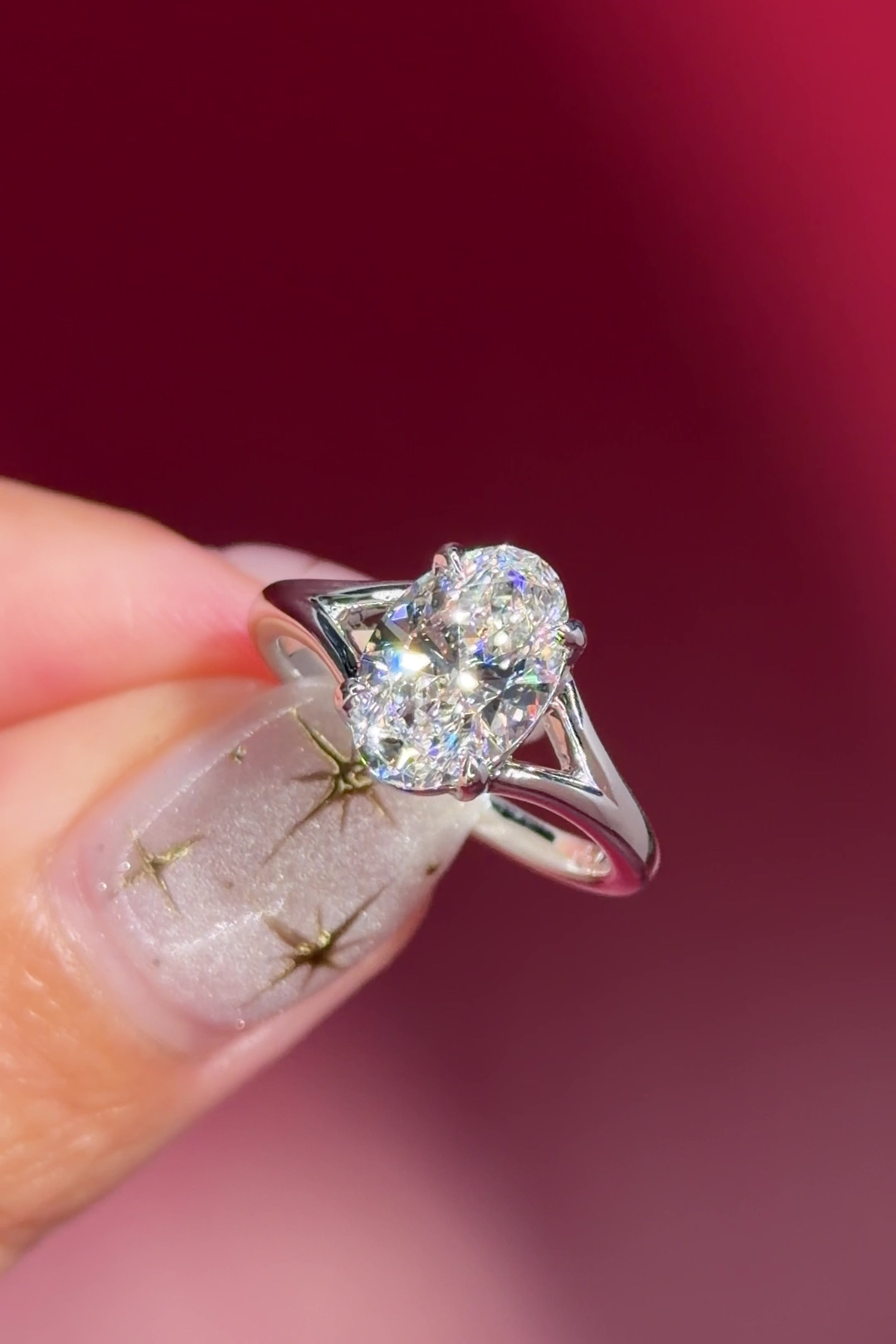 oval lab diamond white gold solitaire split shank engagement ring