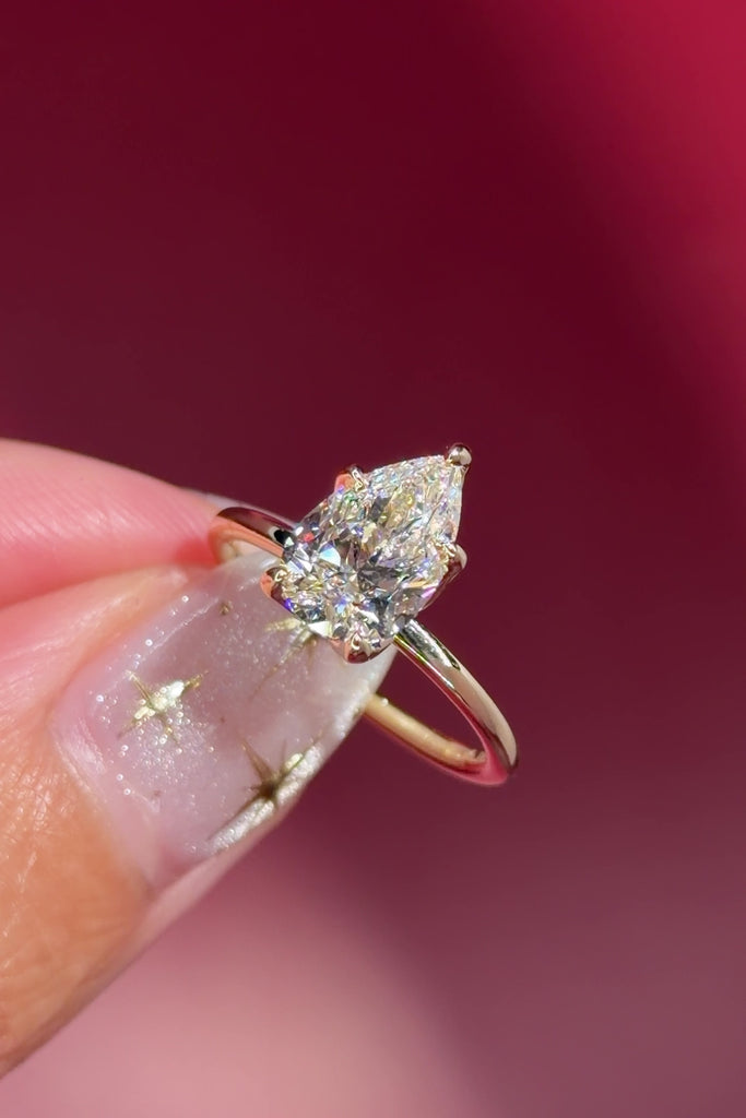 pear lab diamond solitaire engagement ring with flower petal prong basket yellow gold