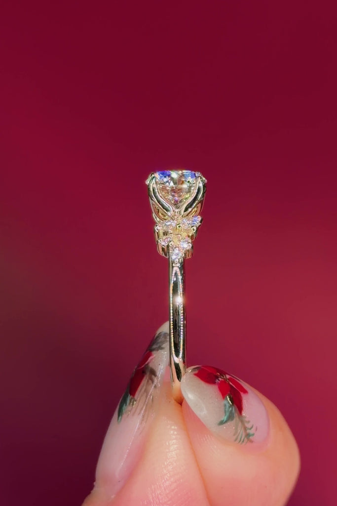 round yellow gold cluster petal prong engagement ring