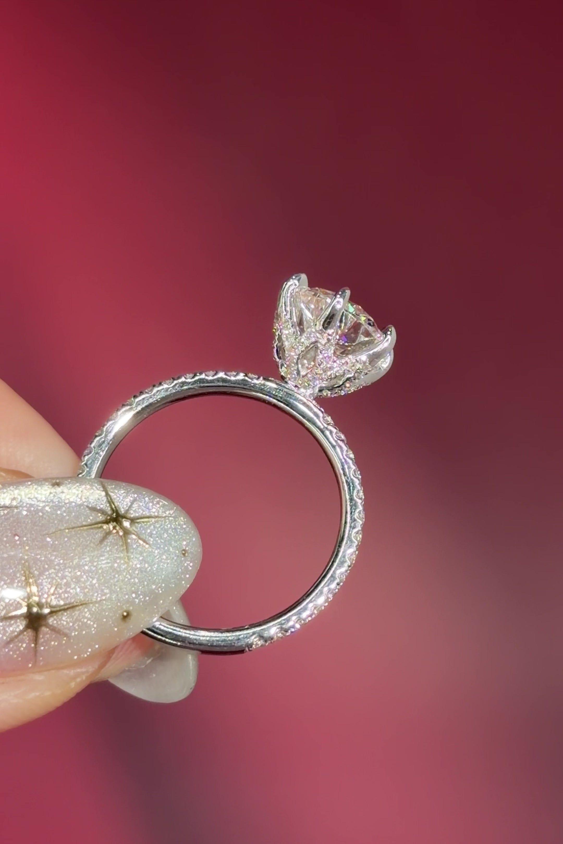 round lab diamond white gold pavé band engagement ring flower petal prong basket