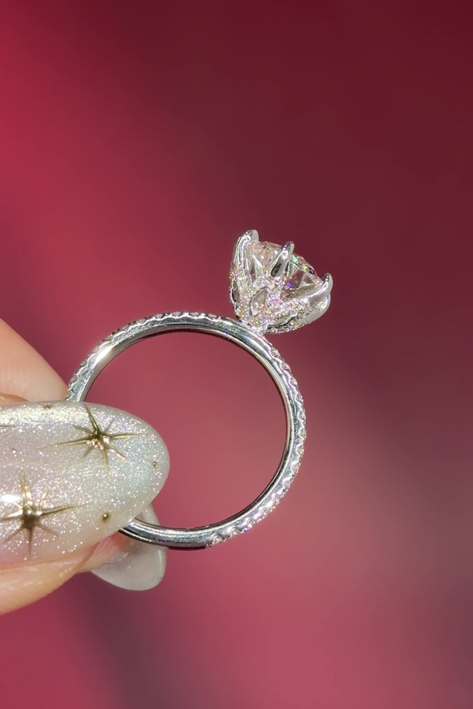 round lab diamond white gold pavé band engagement ring flower petal prong basket