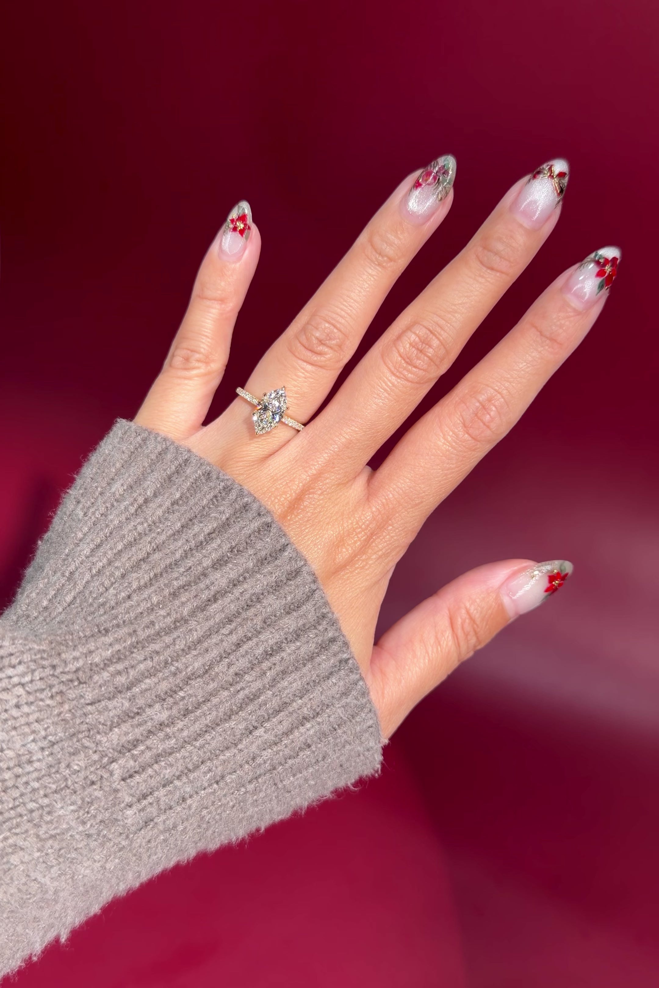 marquise lab diamond engagement ring yellow gold pave diamond band cathedral setting on hand