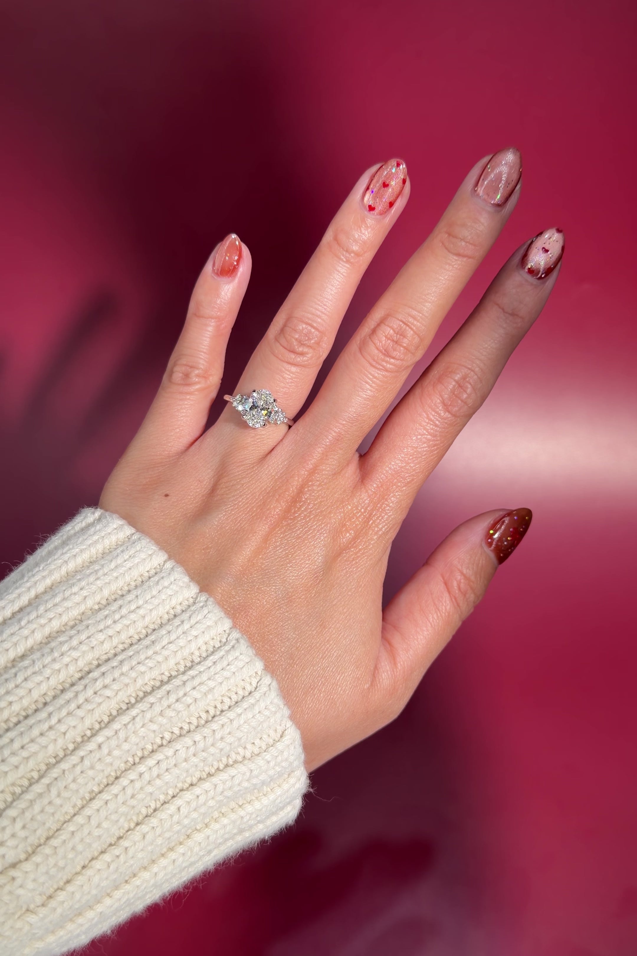 1.70ct d-vs1 oval lab diamond engagement ring white gold cluster side stones with petal prongs