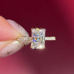 radiant lab diamond yellow gold pave engagement ring flower petal prong basket
