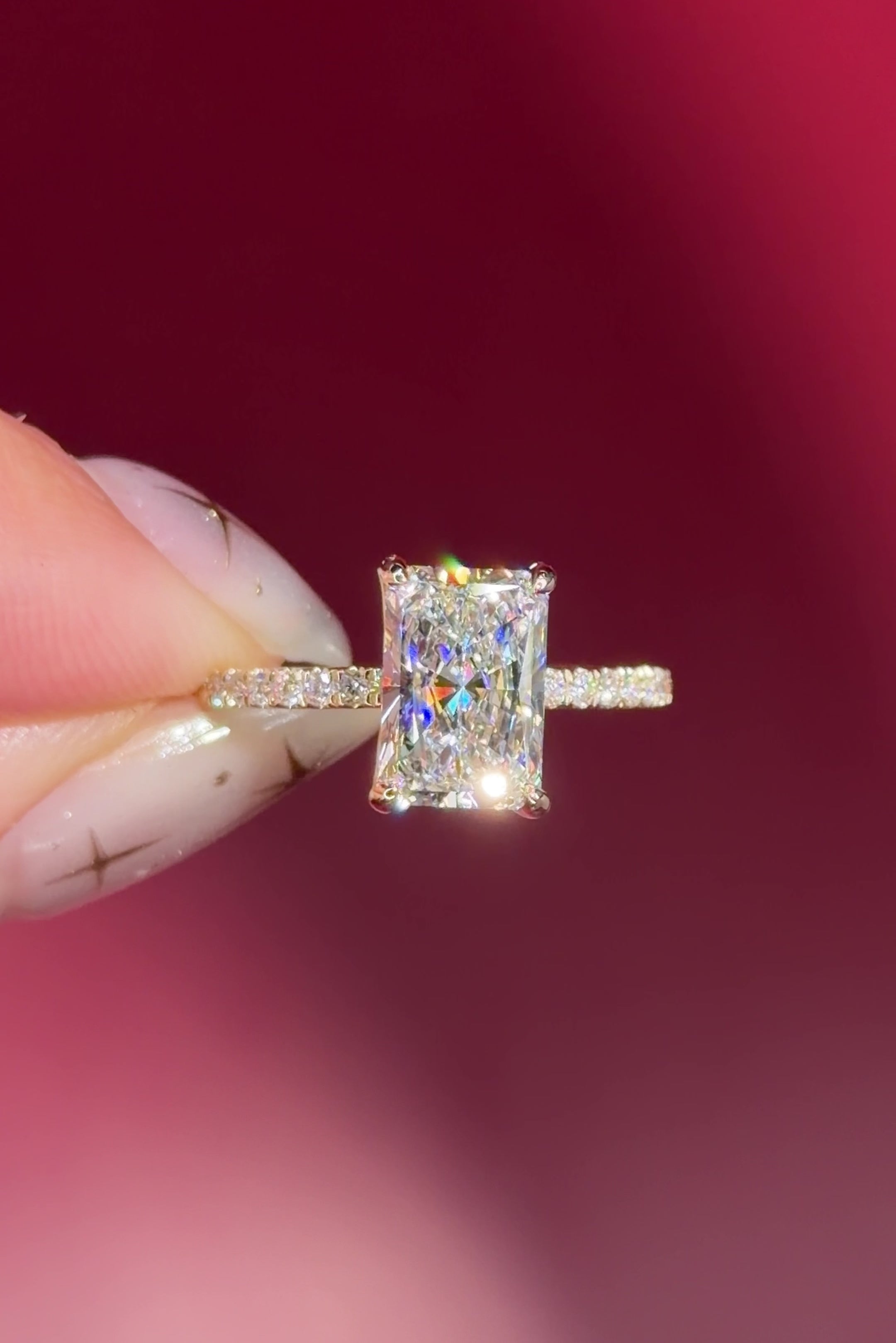 radiant lab diamond yellow gold pave engagement ring flower petal prong basket