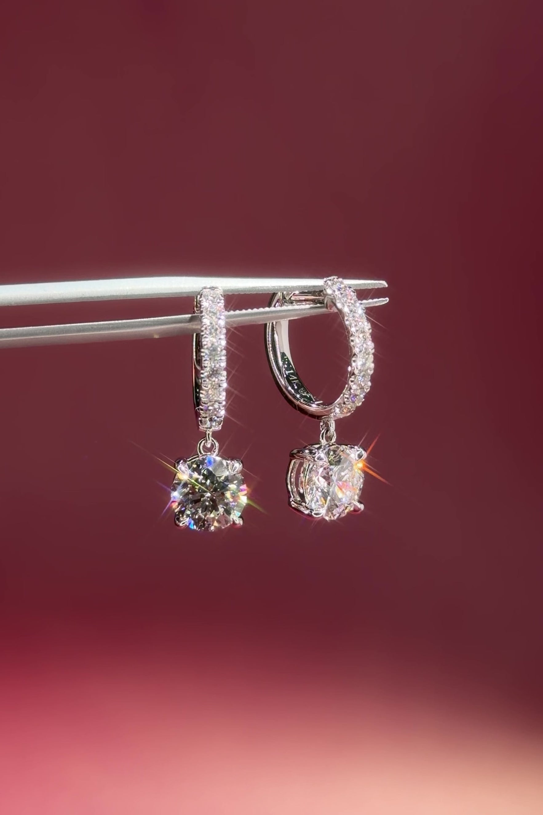 White Gold Diamond Pave Hoops with a 4 prong diamond drop