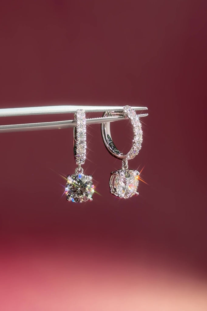 White Gold Diamond Pave Hoops with a 4 prong diamond drop