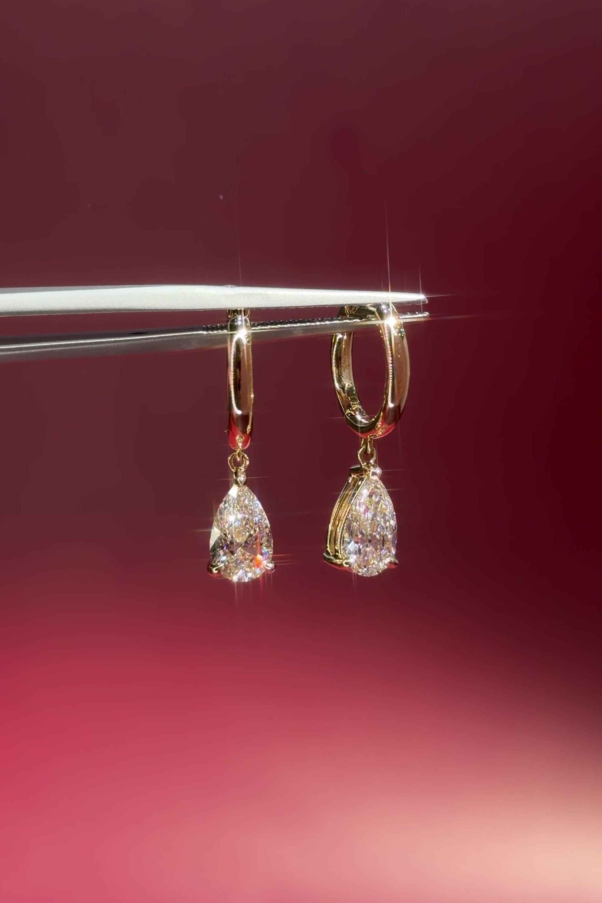 2ct Pear Lab Diamond Drop High Polish Hoops Yellow Gold