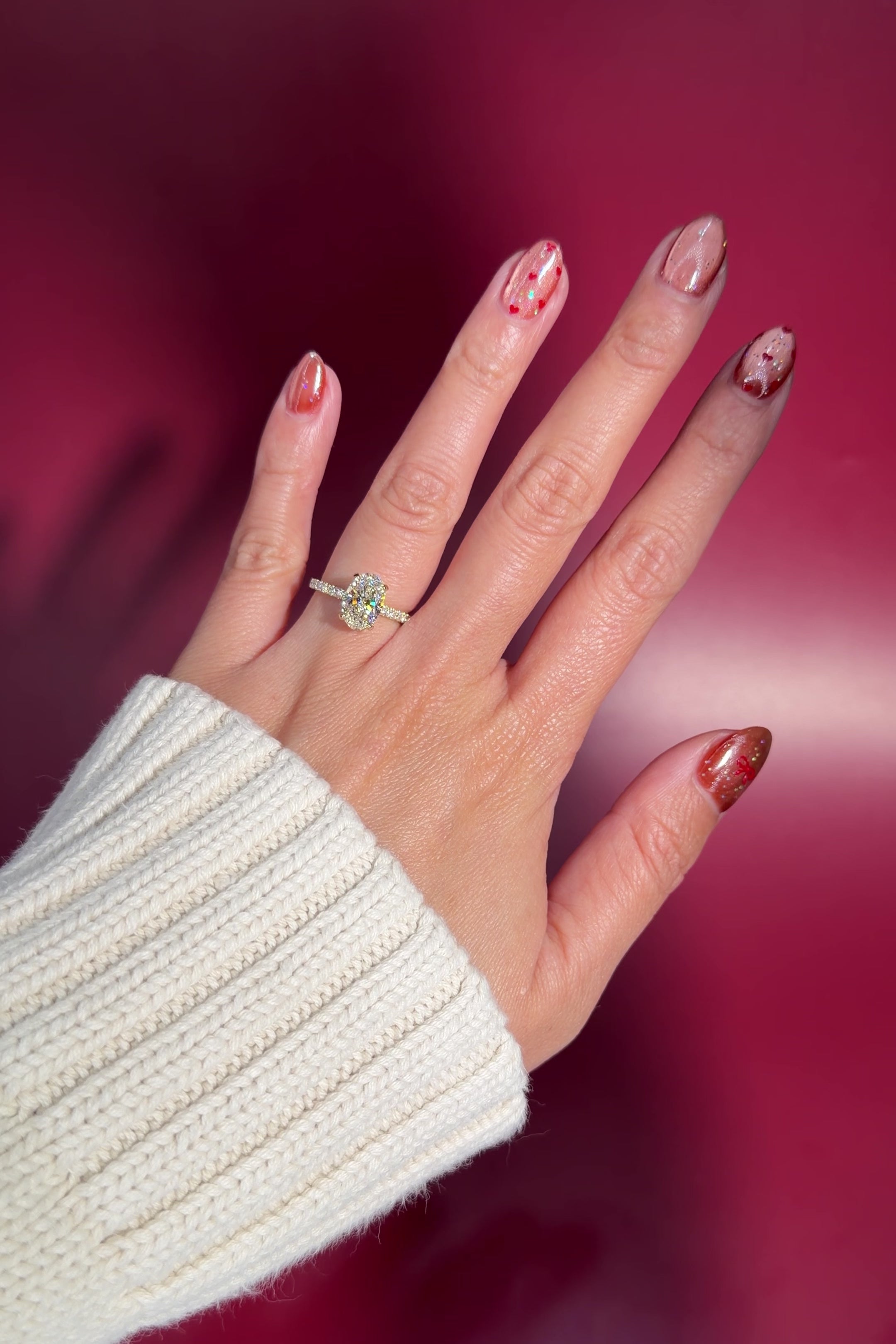 1.82ct oval lab diamond classic pavé band with hidden halo yellow gold engagement ring on hand