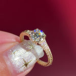 yellow gold round lab diamond vintage hand engraved engagement ring