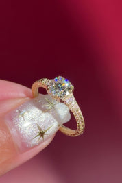yellow gold round lab diamond vintage hand engraved engagement ring