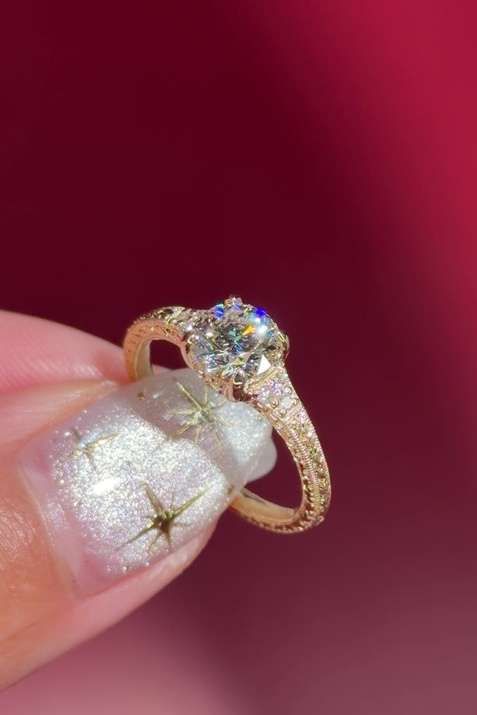 yellow gold round lab diamond vintage hand engraved engagement ring