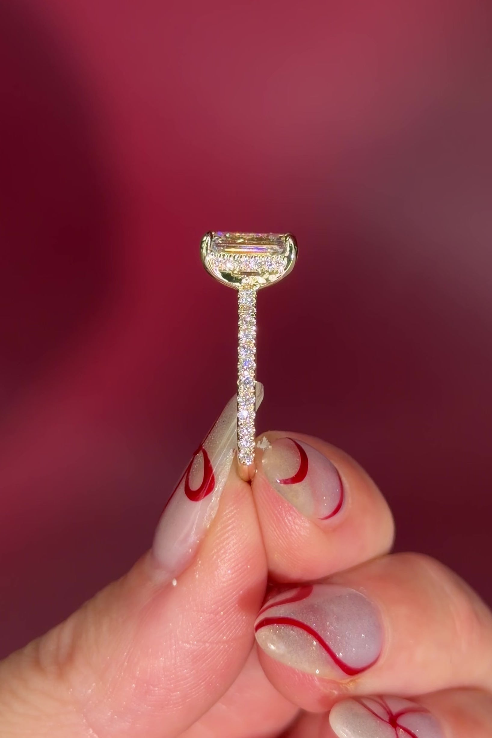 Emerald Cut Lab Diamond Solitaire in Yellow Gold with Pave diamond band and hidden halo