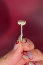 Emerald Cut Lab Diamond Solitaire in Yellow Gold with Pave diamond band and hidden halo