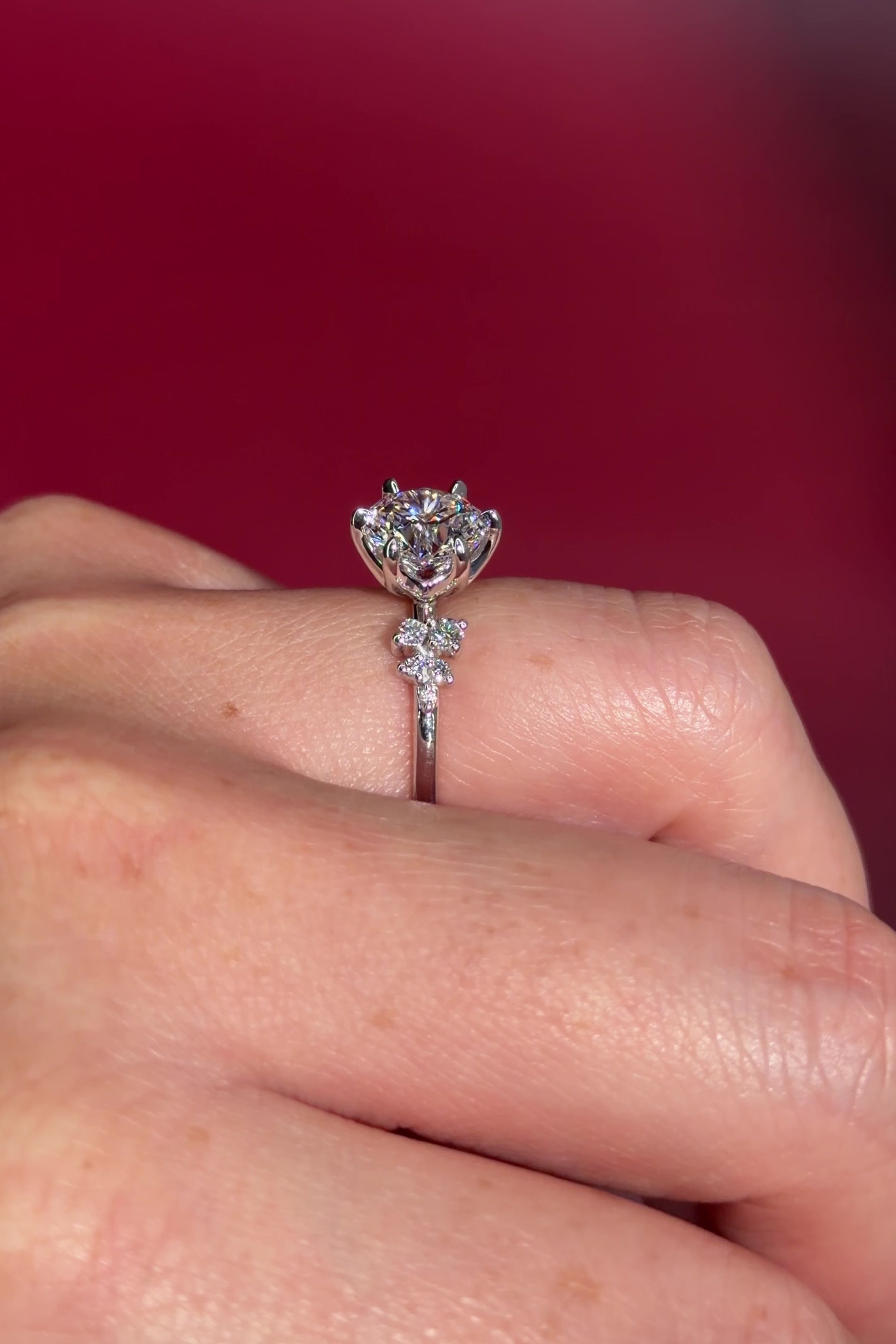 2.00ct D-VVS1 Round Lab Diamond Nova. This is a traditional body engagement ring featuring organic cluster side diamonds that resemble star dust or baby's breath. The center stone is held by our signature petal prongs.