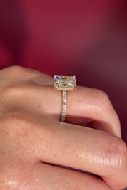 Radiant Lab Diamond Solitaire Engagement Ring with Pave side diamonds and hidden halo