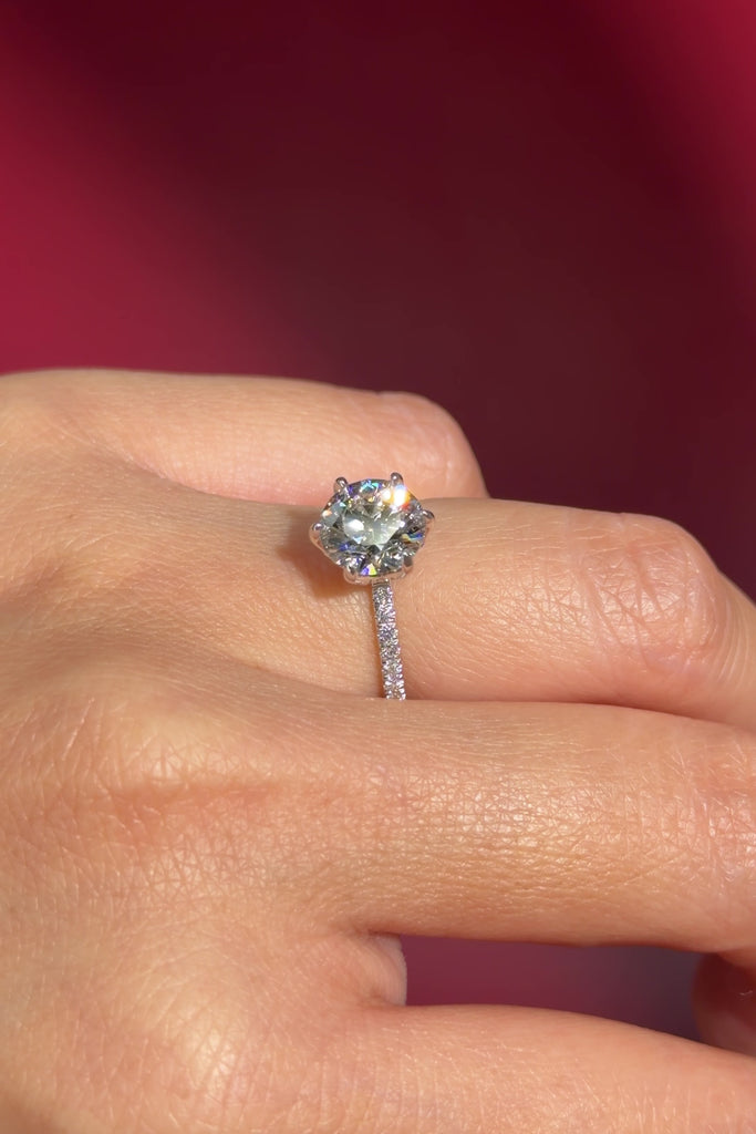 round lab diamond white gold pavé band engagement ring flower petal prong basket on hand