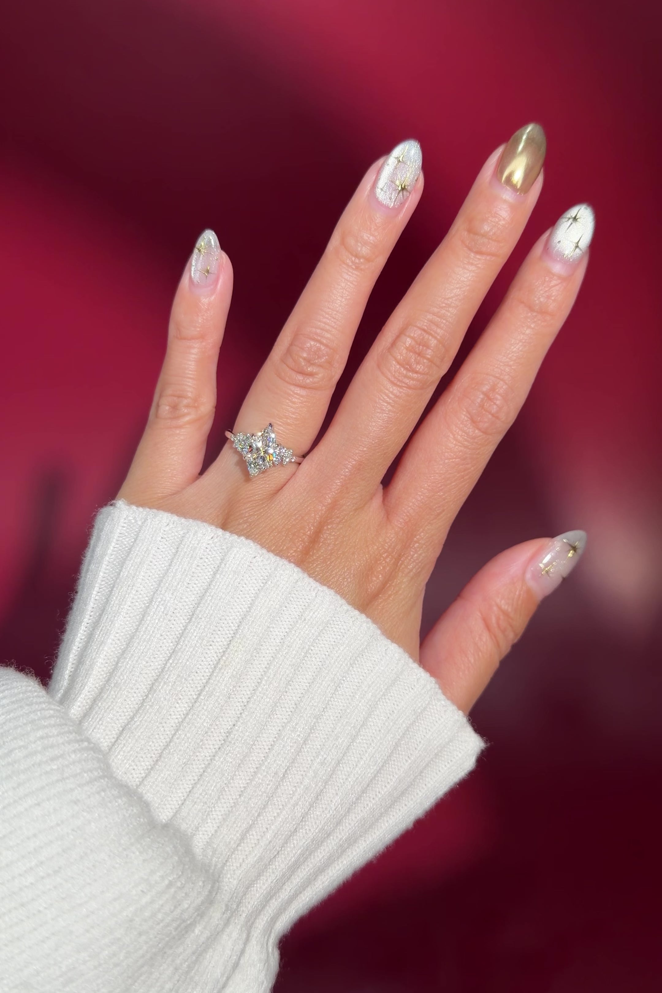 marquise lab diamond white gold engagement ring side stone nature inspired on hand