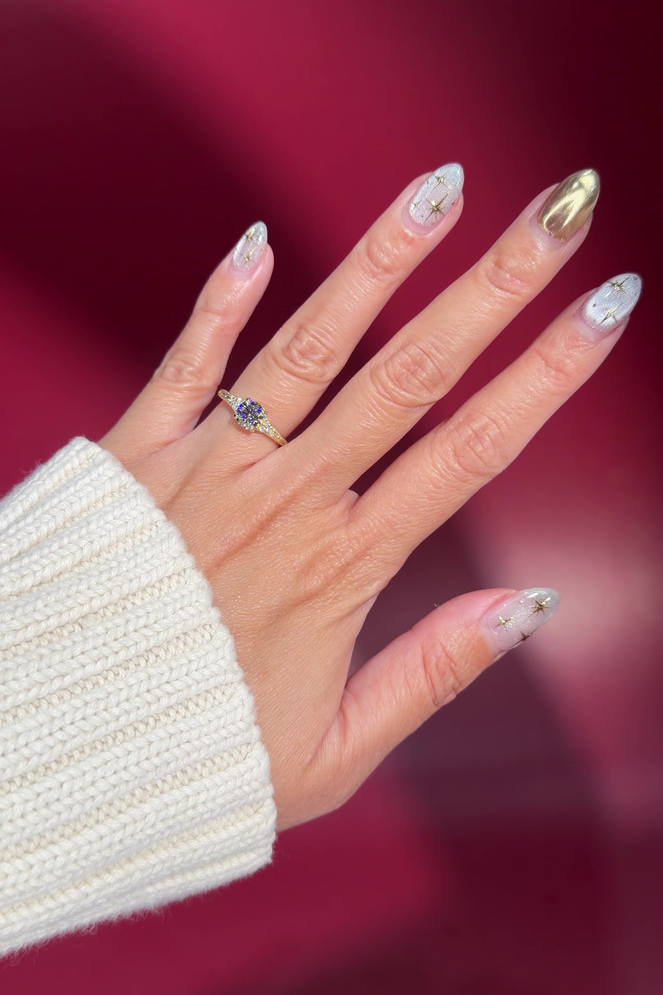 yellow gold round lab diamond vintage hand engraved engagement ring on hand