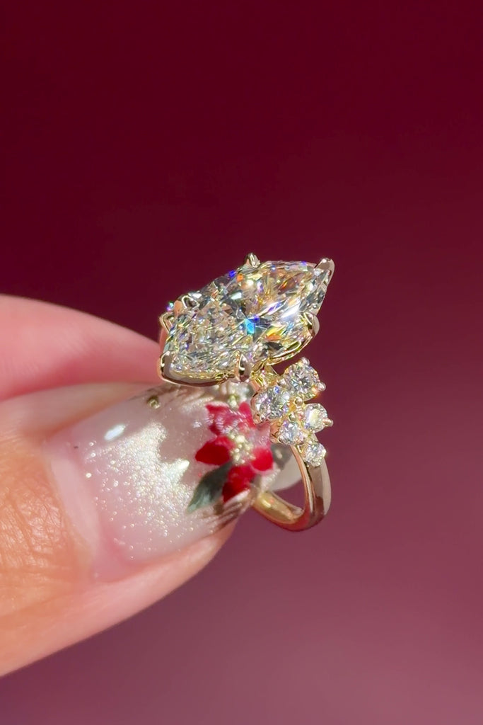 marquise lab diamond engagement ring yellow gold cluster side stones setting profile