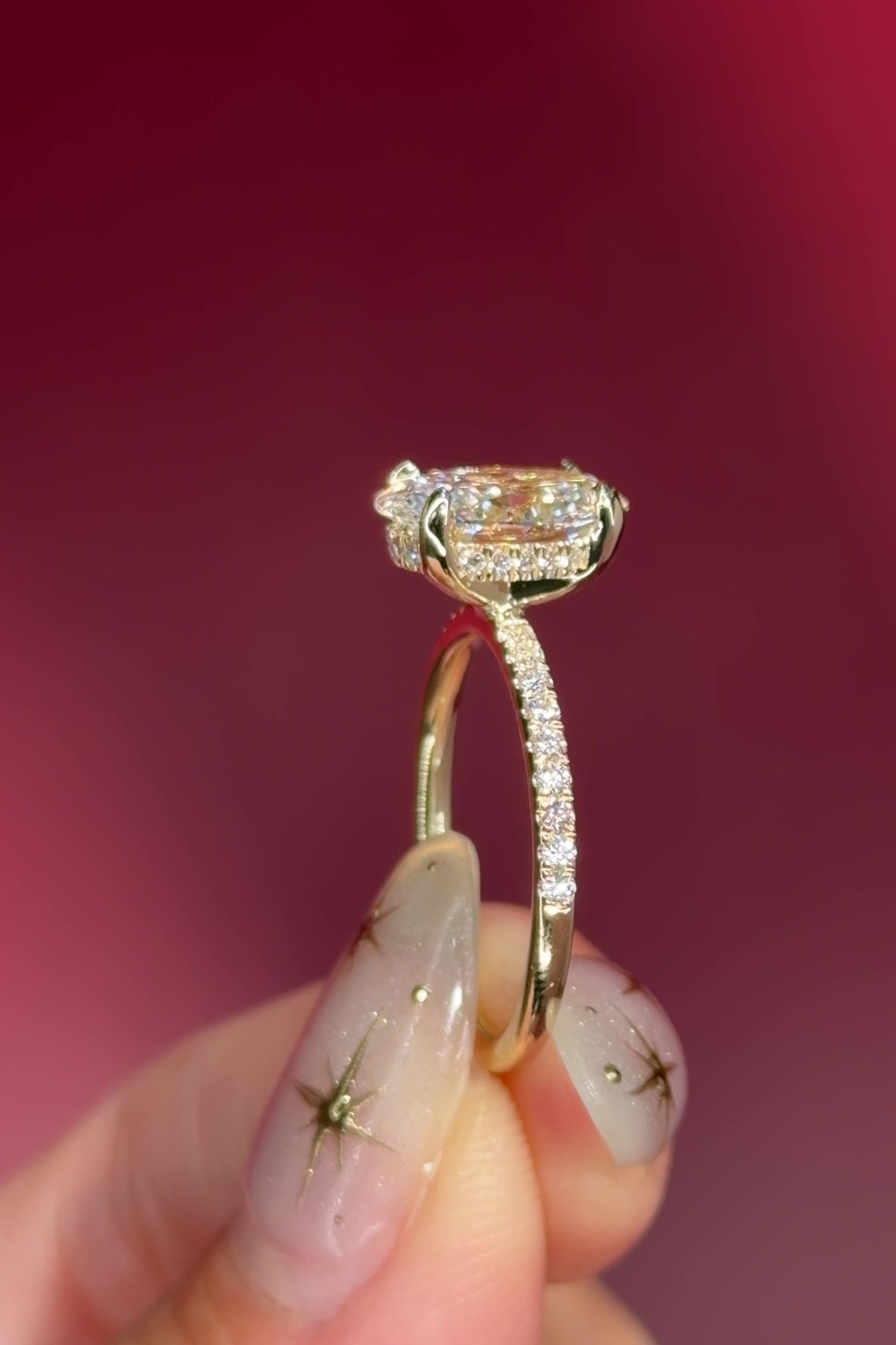 oval lab diamond engagement ring pave band hidden halo yellow gold