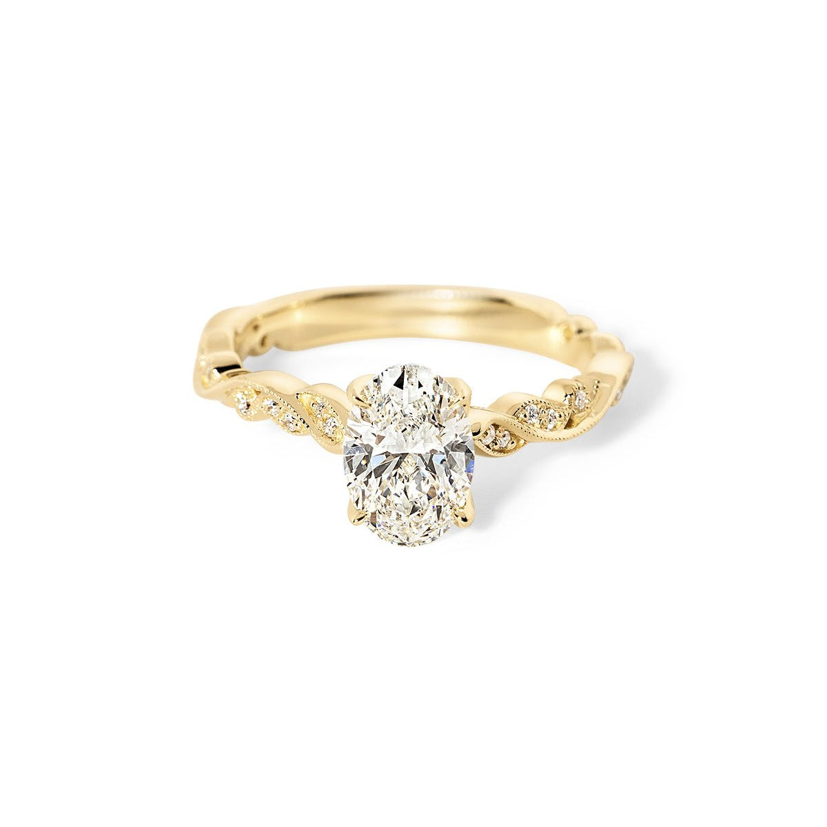 Rosette Oval Cathedral yellow gold engagement ring with oval center diamond and petal prongs at Princess Bride Diamonds jewelry store in Orange County
