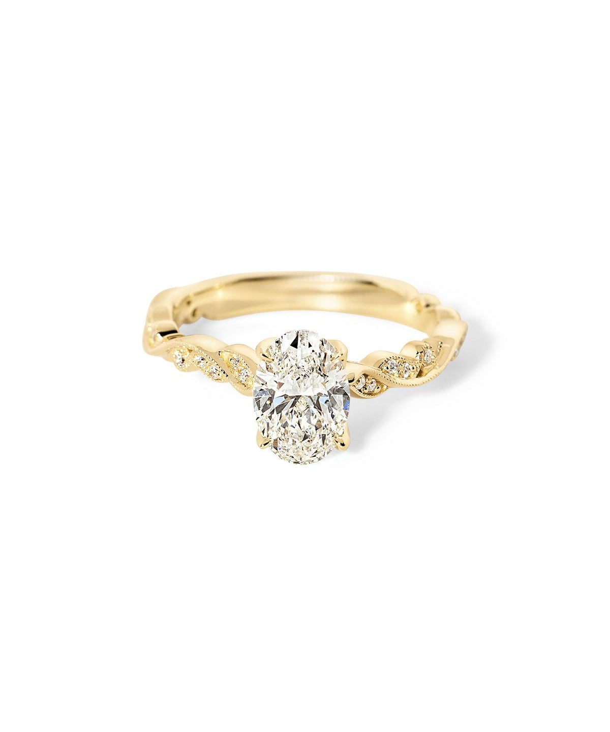 Rosette Oval Cathedral yellow gold engagement ring with oval center diamond and petal prongs at Princess Bride Diamonds jewelry store in Orange County
