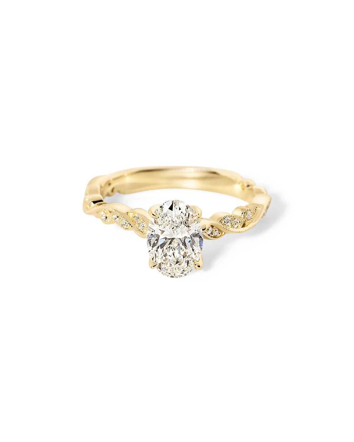 Rosette Oval Cathedral yellow gold engagement ring with oval center diamond and petal prongs at Princess Bride Diamonds jewelry store in Orange County
