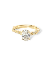 Rosette Oval Cathedral yellow gold engagement ring with oval center diamond and petal prongs at Princess Bride Diamonds jewelry store in Orange County
