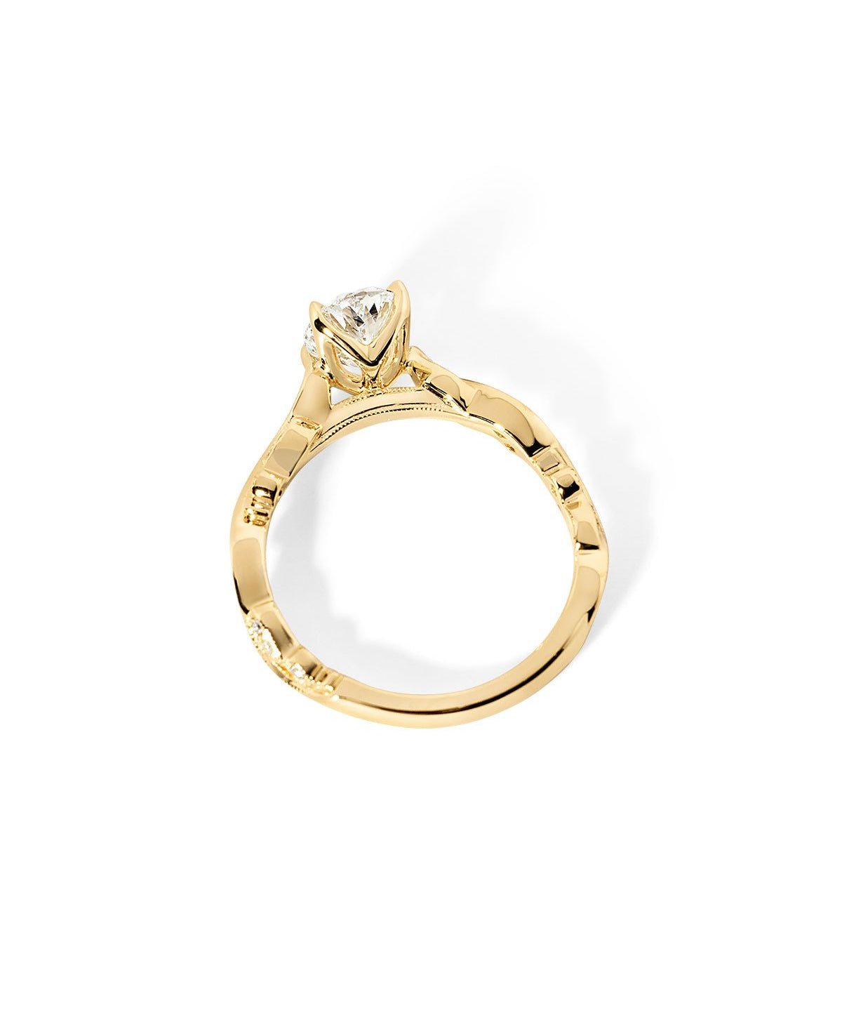 Side profile of the Rosette Oval Cathedral yellow gold engagement ring showing milgrain bridge and cathedral setting at Princess Bride Diamonds jewelry store in Orange County
